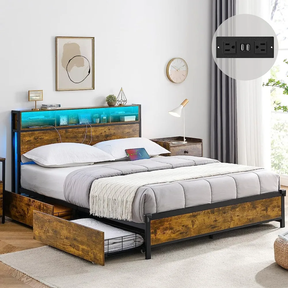 Queen Bed Frame with 4 Storage Drawers and Bookcase Headboard, LED Beds Frames with Outlets and USB Ports, Queen Bed Frame