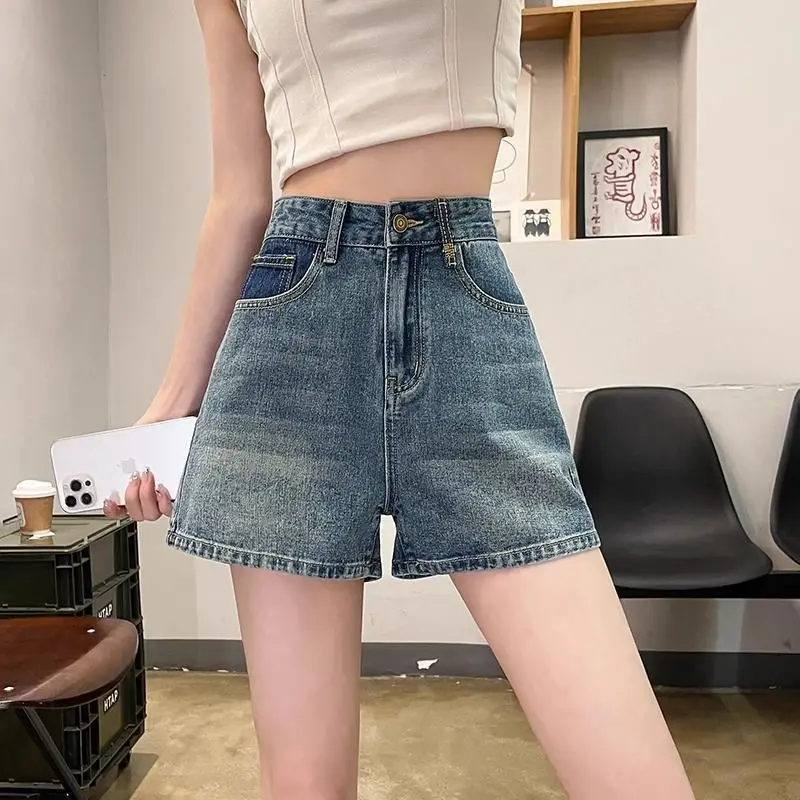 New Retro Women's New High-waisted Slim A-line Wide-leg Contrast Denim Shorts
