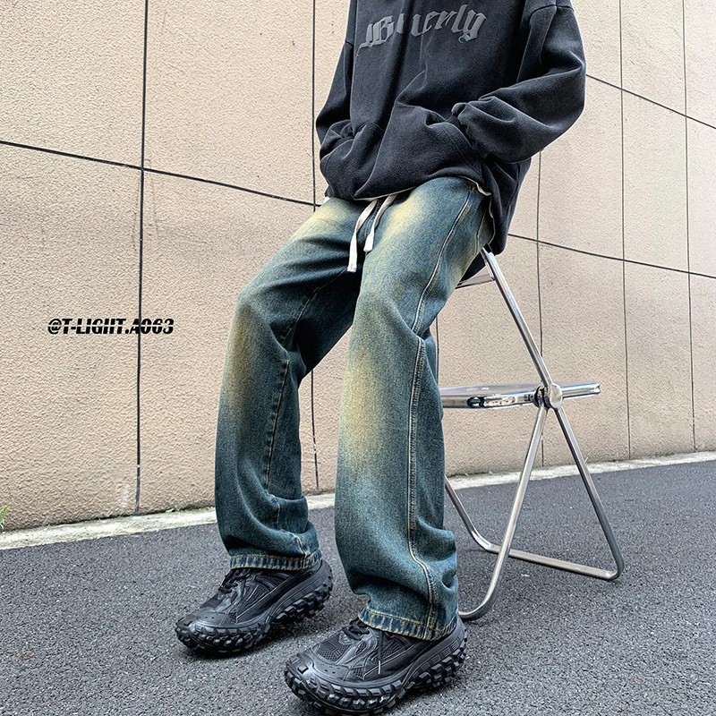 Vintage Blue Jean Pants Men Hip Hop Denim Trousers Male Streetwear Fashion Elastic Waist Autumn Retro Casual Straight Jeans