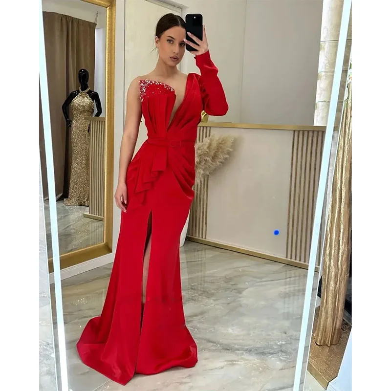 Mode vestidos de fiesta vrouwen prom dress een schouder met kraal zeemeermin avondjurk plooi zijsplit lange gewaden de soiree