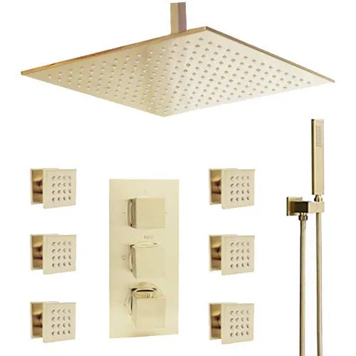 Rainfall Brushed Gold Ceiling Shower Head 16 inches Thermostatic Shower with Body Jets