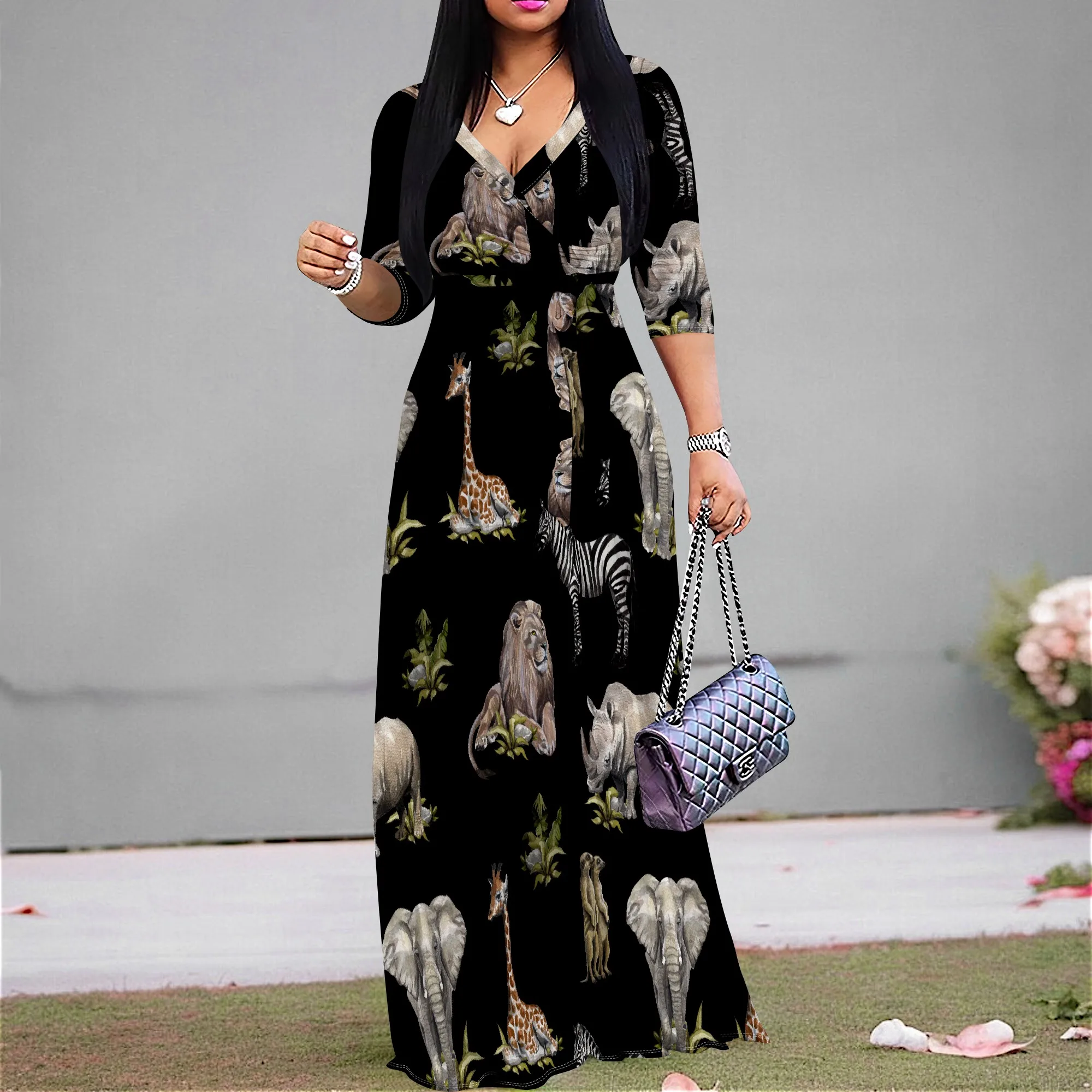 

Women's V-Neck Maxi Dress 3/4 Sleeve African Safari Animal Print Loose Long Dress with Belt XS-3XL
