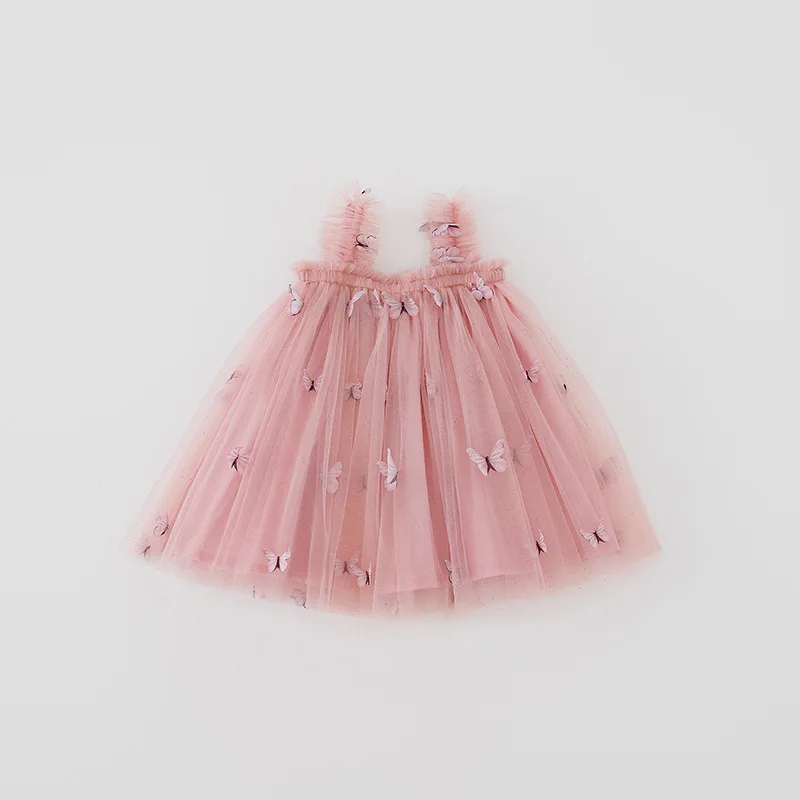 New Baby Girl Clothes Solid Colour Sweet Butterfly Decorated Mesh Sling Baby Girl Dress Birthday Party Cute Princess Puffy Dress