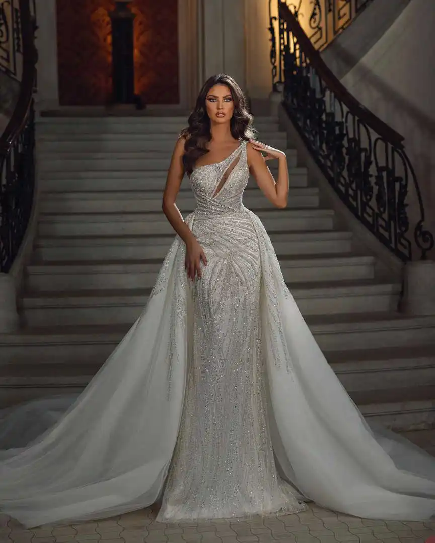 Princess Mermaid Wedding Dresses One Shoulder Sleeveless Sequins Detachable Train Bridal Gowns Custom Made Robe De Mariee