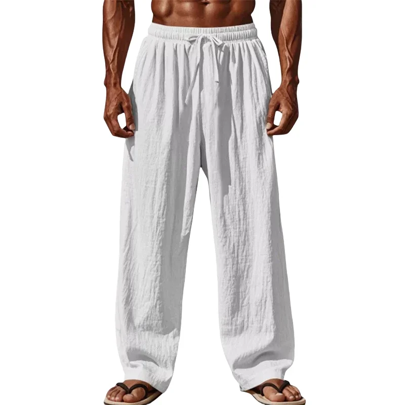 2025 New Men Cotton and Linen Casual Pants Simple and Comfortable Straight Leg Pants Waist Drawstring Plus Size Looser S-4XL image 3
