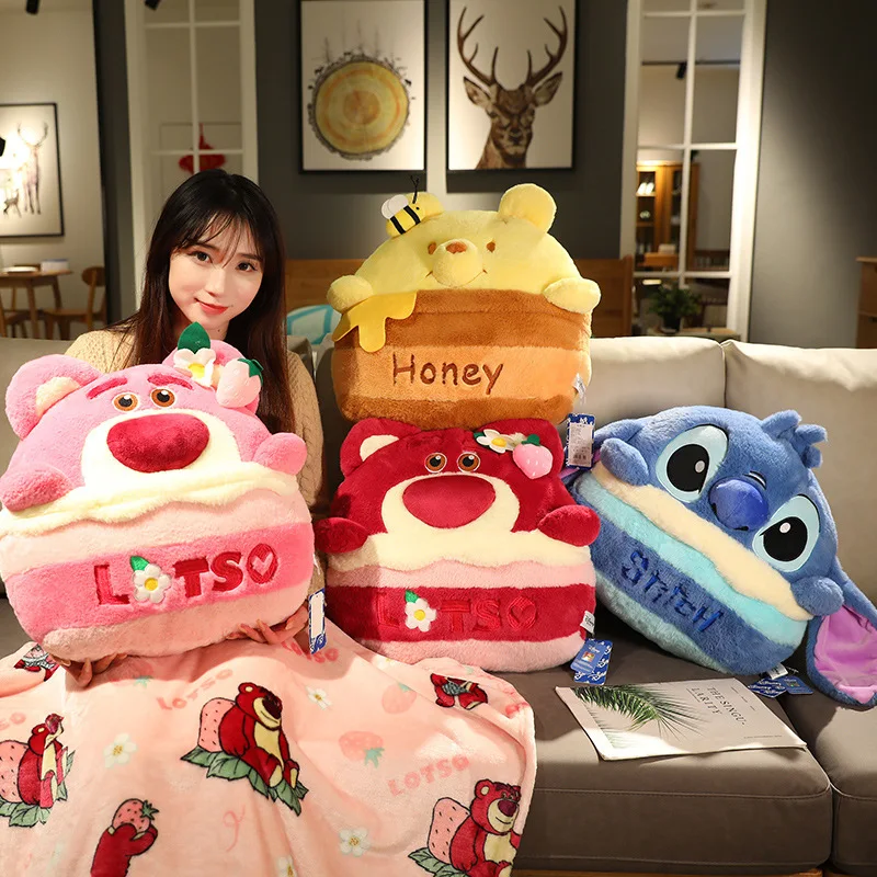 

Disney Cake Series Doll Strawberry Bear Stitch Pillow Plush Poof Pooh Cushion Blanket Two-in-one Multifunctional Birthday Gift