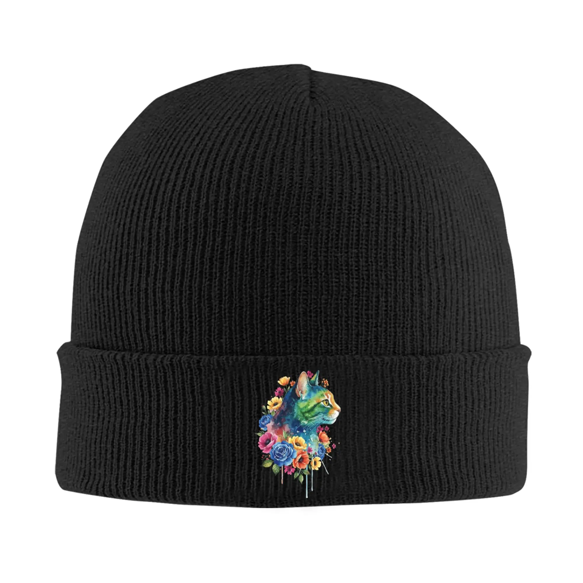 Cat and Flowers Portrait Colourful Watercolour Rainbow Cat Beanie Hats  Bonnet Hats Female Male Kpop Knit Hat Winter Warm Caps