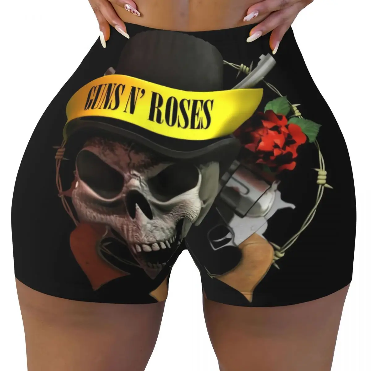 Custom Guns N Rose Logo Steampunk Music Print Volleyball Biker Gym Shorts Women Athletic Workout Yoga Shorts