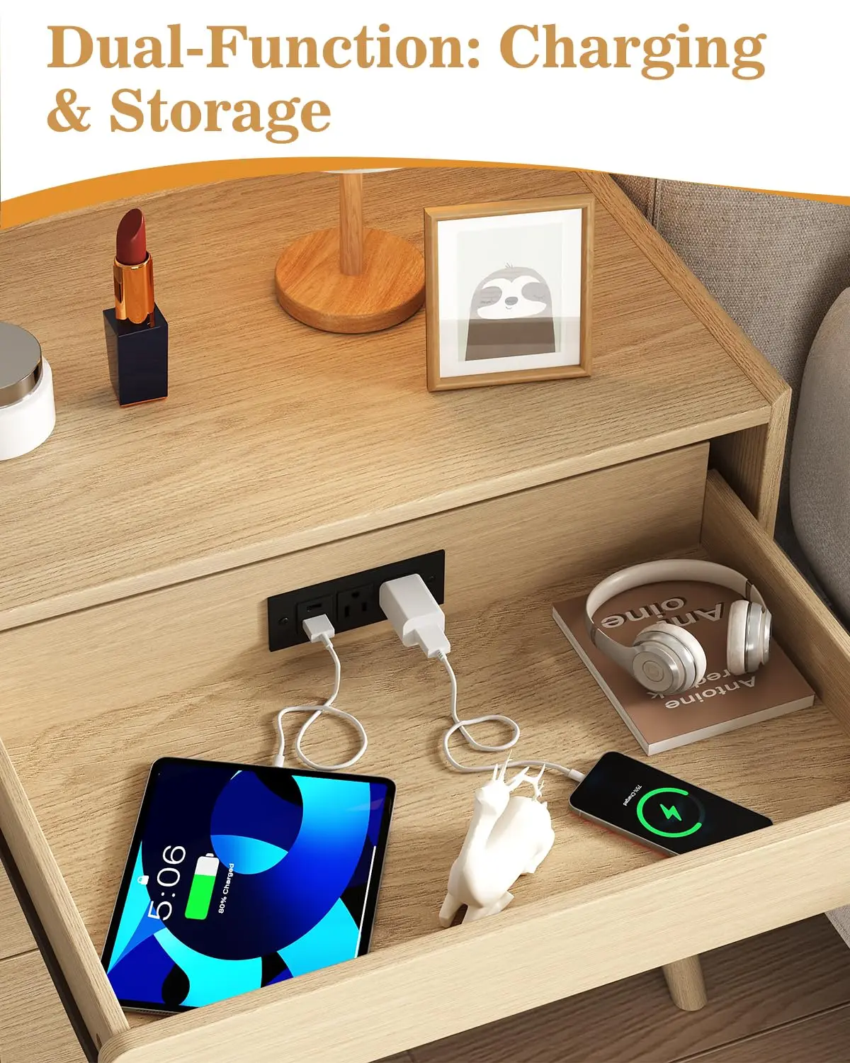 24" Wide Nightstand Set Of 2, Hidden Charging Station, 2 Drawers Night Stand With Pull-Out Shelf, Modern Beside End, Customized - view 3