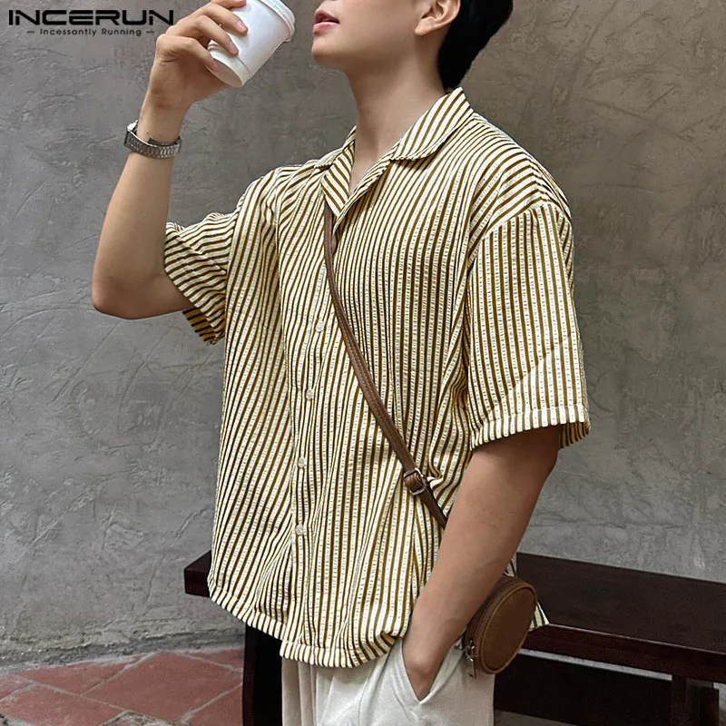 

INCERUN Stripe Shirt Fashion Tops Short Sleeve Men Shirts Casual Streetwear Lapel Oversize Summer Men's Clothing Party Shirt