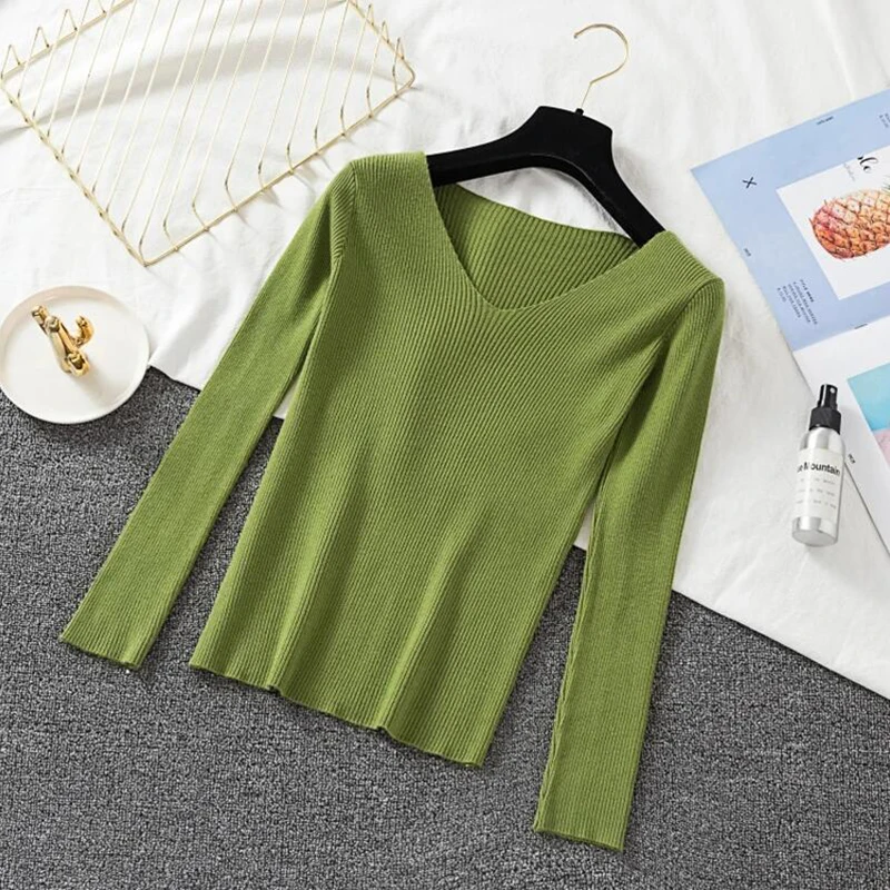 Zoki New  Women Sweater Autumn Long Sleeve Pullover Basic Top Fashion V-neck Elastic Female Winter Solid Knitted Jumper