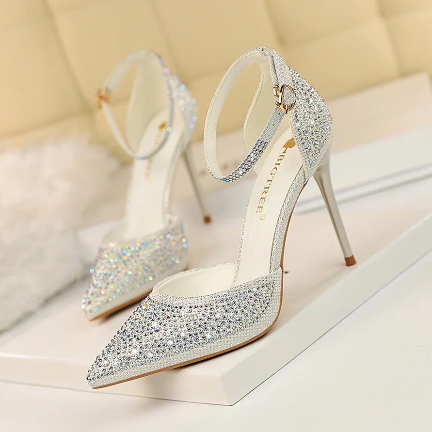 

new pattern Version Sweet Slim High Heels Shallow Notched Pointed Hollow Out With Shiny Rhinestone Women's Sandals Women Pumps