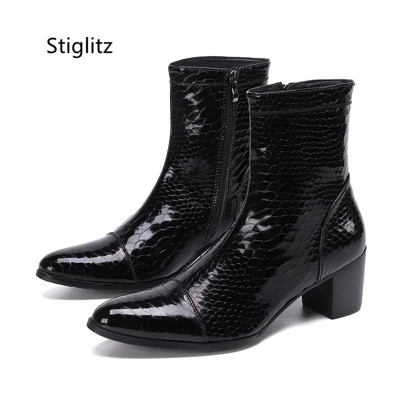 

Retro Snake Pattern High Heels Men's Boots Pointed Toe Side Zipper Stylish High Top Boots Leather Male Shoes Wear-Resistant