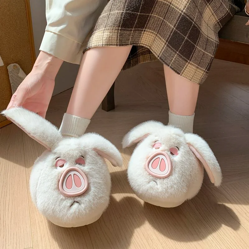 

Women's Pink Pig Slippers with Long Ears Fluffy Winter Thermal House Shoes Comfortable Floor Slides Home Room Piggy Sliper Woman