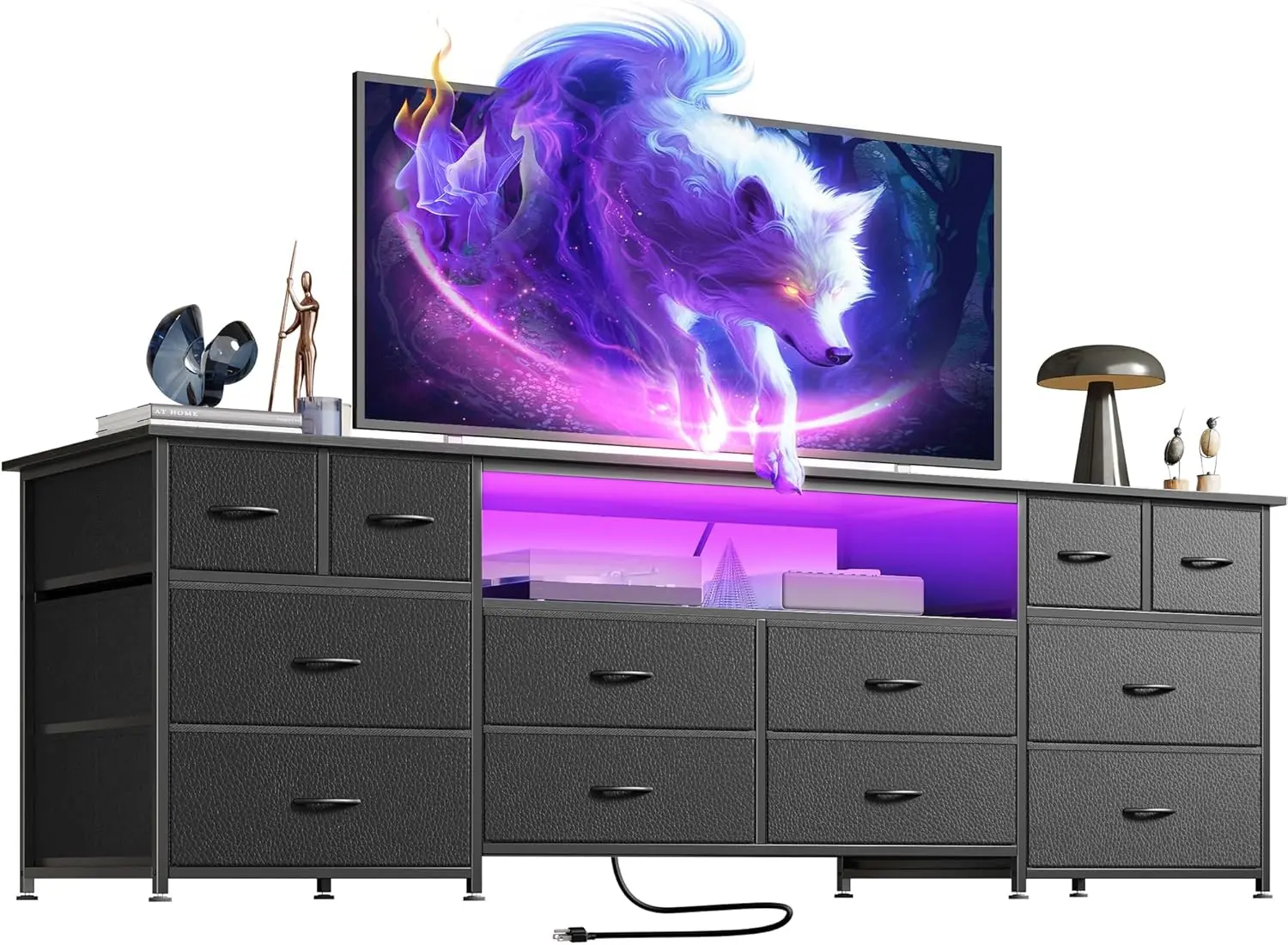

63 Inch Black TV Stand with LED Lights 12 Fabric Drawers Power Outlets USB-C Port Wide Entertainment Center for 65 70 Inch TVs
