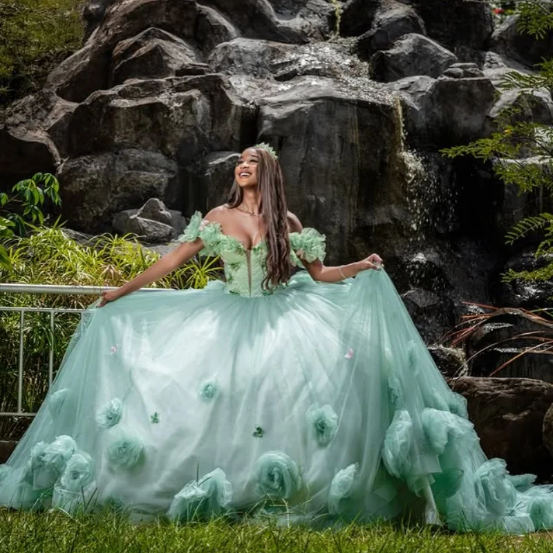 

Мятно-зеленые платья Quinceanera по индивидуальному заказу с открытыми плечами, тюлевая аппликация, многослойное кружевное платье с большим 3D цветком, Vestido De 15, Quinceanera