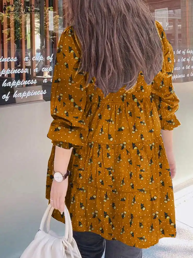 2023 Autumn Printed Cotton Linen Top ZANZEA Women Ruffle Blouse Casual O-neck Loose Tunic Female Puff Sleeve Blusas Oversized 1