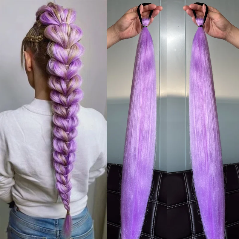 

24Inch Jumbo 2Pcs Straight Ponytail With Elastic Tie Synthetic Braiding Hair Afro Ombre Color DIY wig for women braid