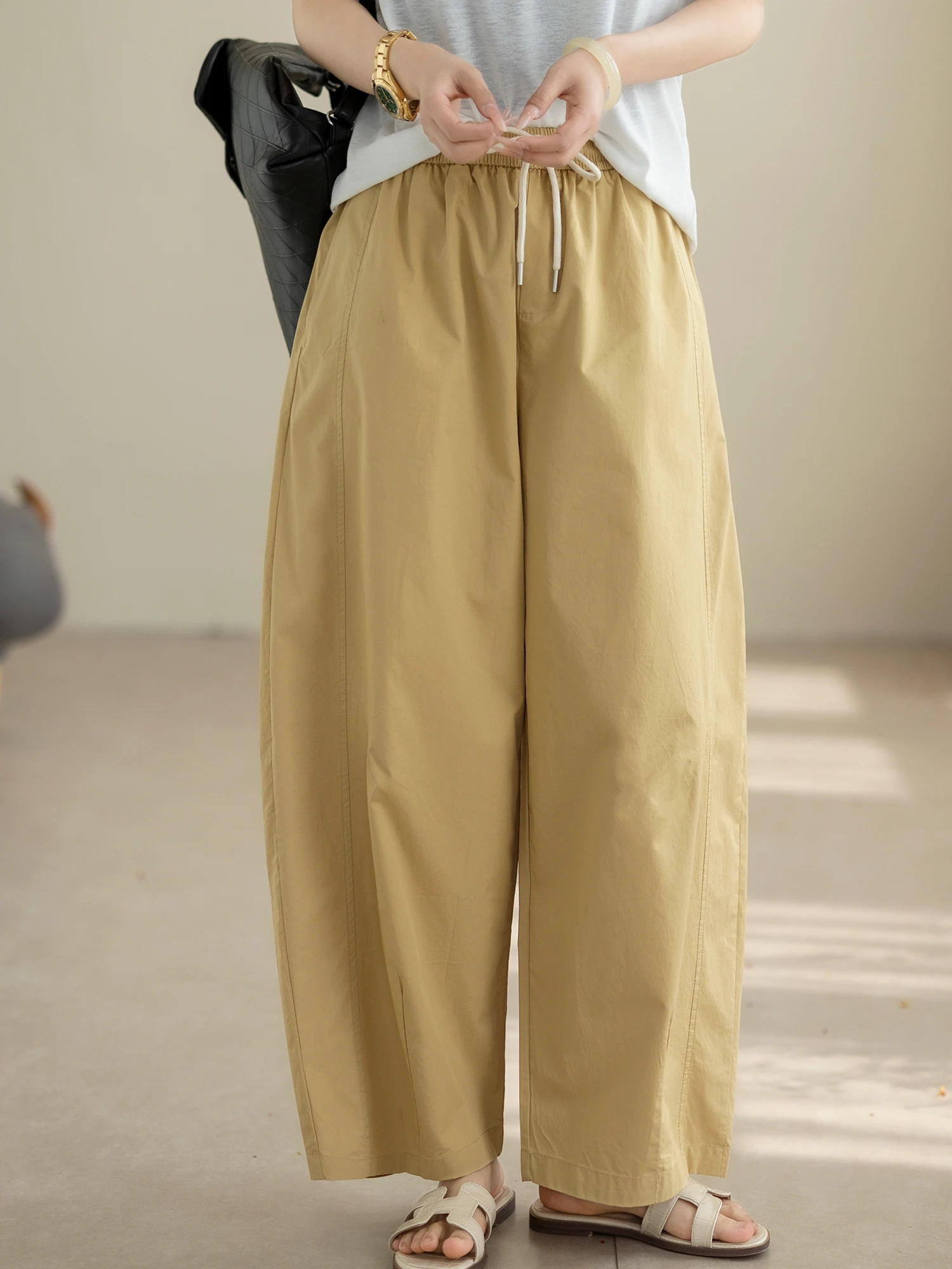 

Женские повседневные брюки цвета хаки, новые летние свободные брюки с эластичной резинкой на талии, широкие длинные брюки с завязками, удобные дышащие хлопковые брюки