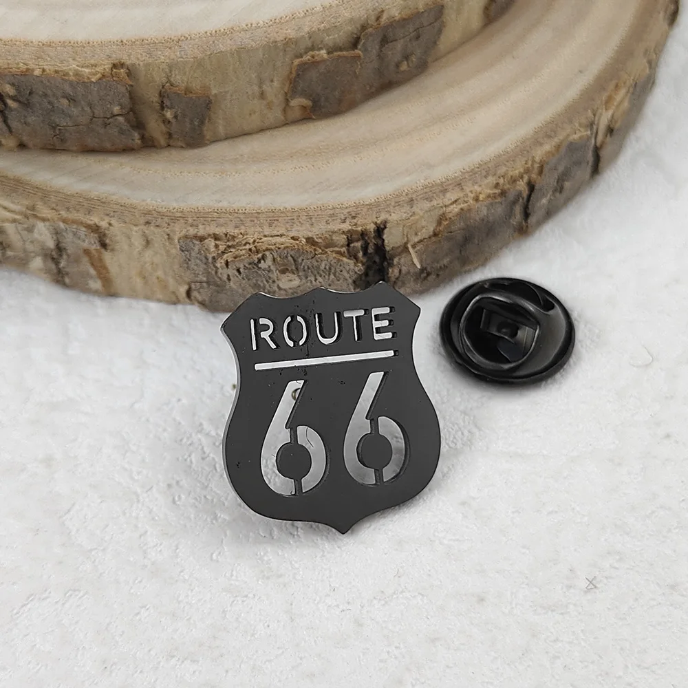 New Route 66 men's lapel pin, 316L stainless steel gold-plated badge, black brooch for suit accessories, gift for father - Image 4
