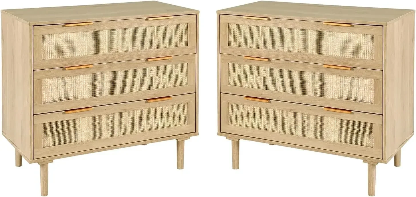 

Large Nightstand Set of 2 with Rattan Drawer, Modern 3 Drawer Night Stand for Bedroom