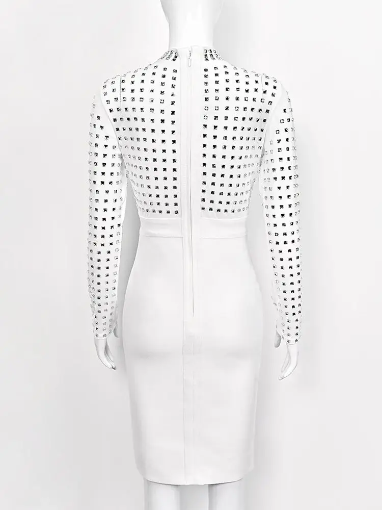 Vestido Bandage de diamante blanco de lujo Vintage a la moda, vestido de malla de invierno de manga larga para mujer, Vestidos de fiesta de noche con piedras
