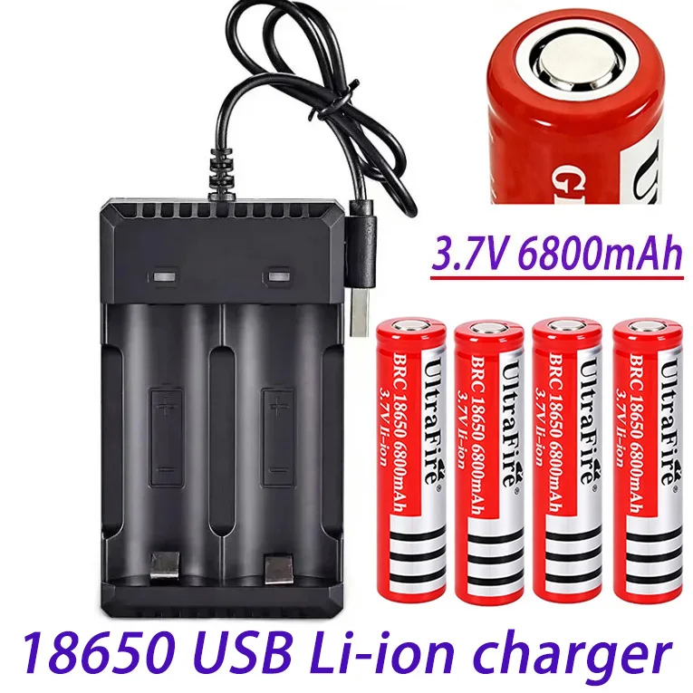 100% New  Rechargable Battery 18650 3.7 V 6800mAh Battery for LED Lantern torch+USB Charger