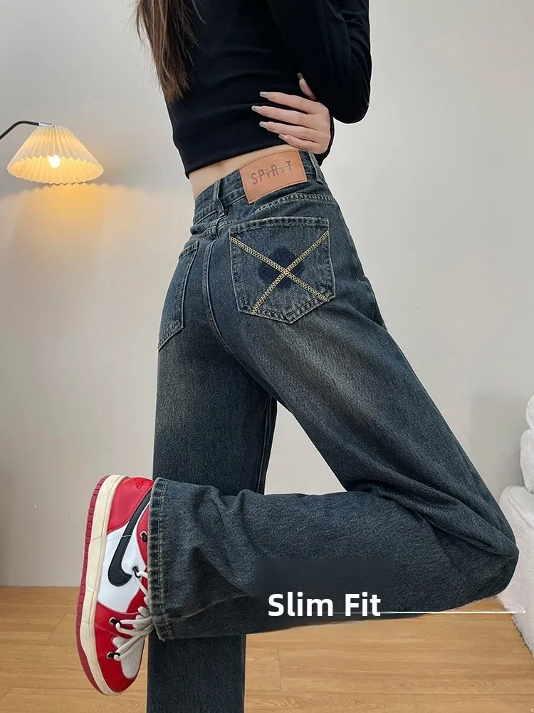 

Женские джинсы с высокой талией, широкими штанинами и прямым кроем, цвета цементного серого, осенняя новинка, модные, больших размеров