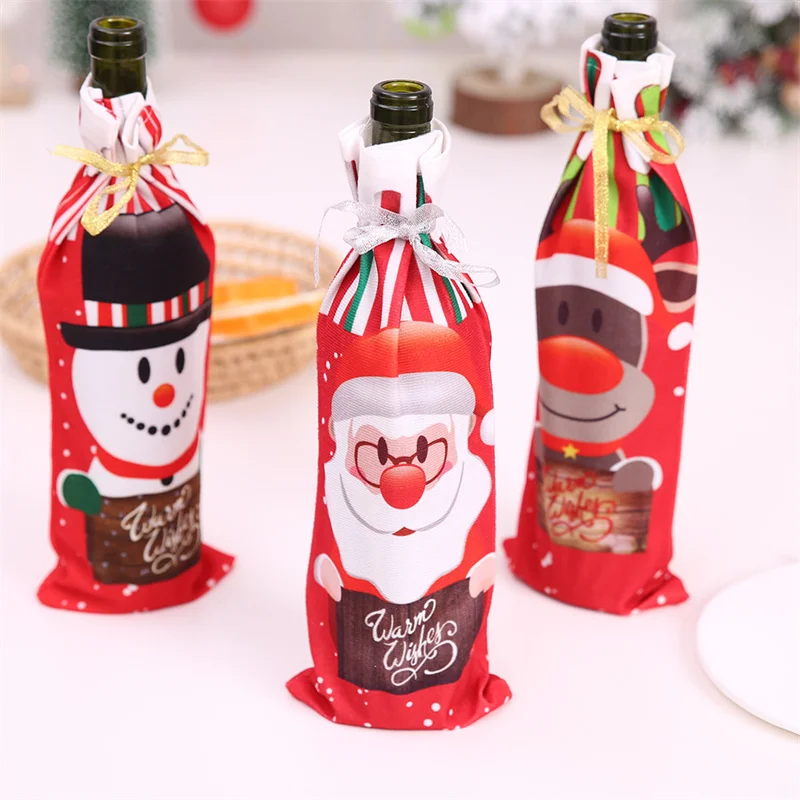 Kerst Wijnfles Hoezen Santa Claus Sneeuwpop Elanden Bedrukt Wijnfles Zak Champagne Fles Cover Kersttafel Decor Voor Thuis