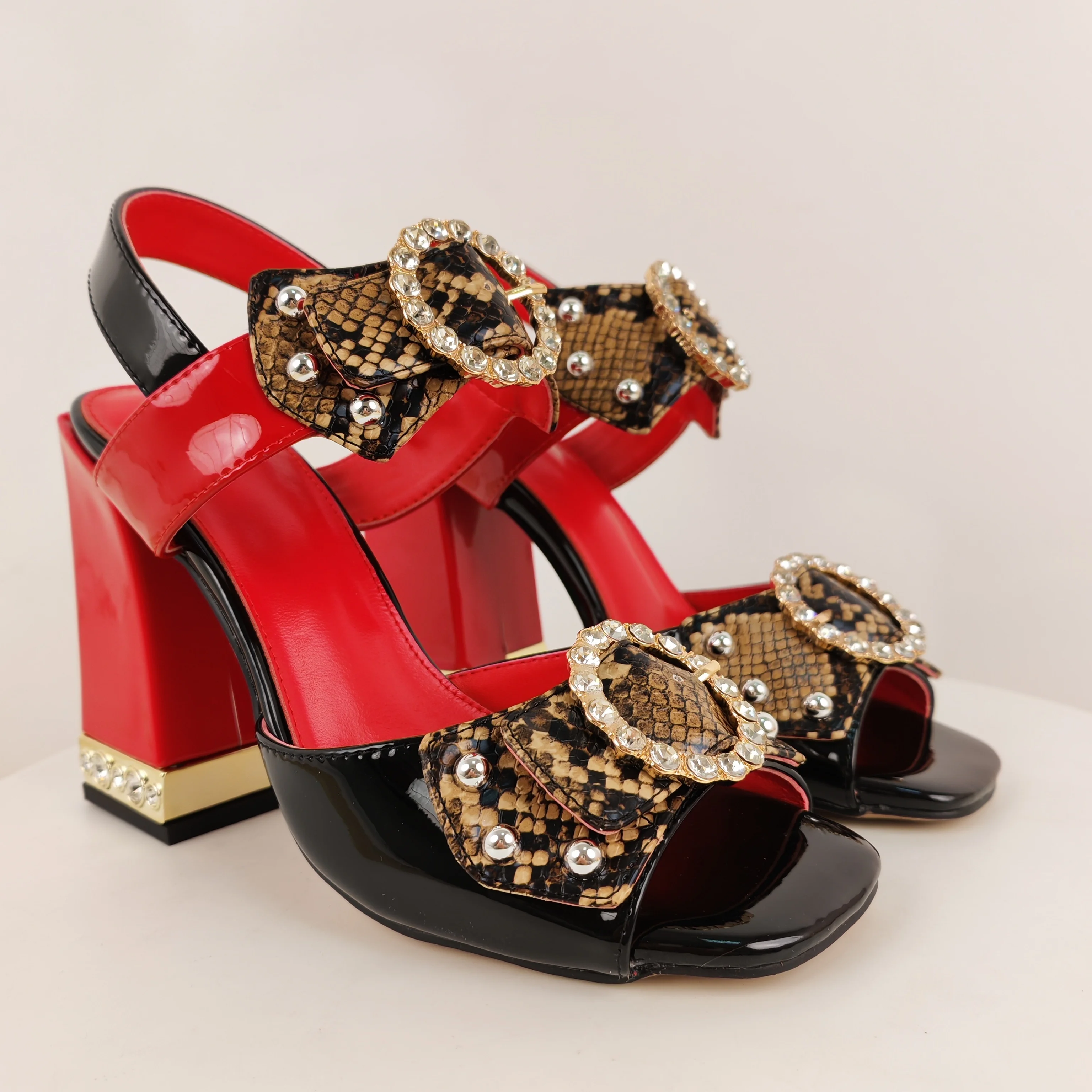 Women's Red-Black Platform Block Heel Sandals Sequin Accents Buckle Detail Bold Glam for Summer Evening Events Party Outfits