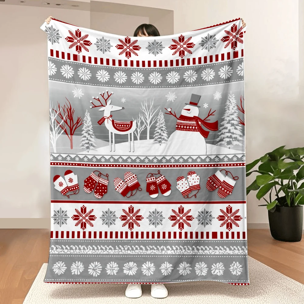 1PC Christmas Reindeer and Snowman Print Blanket-Made of soft, fluffy flannel, perfect for a sofa, bed or lounge chair. Ideal fo