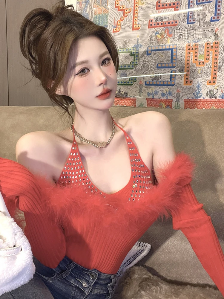 

Сексуальный длинный вязаный топ све с воротником-перьями, женский облегающий топ с клеем и бриллиантами, повседневная одежда, чистый цвет