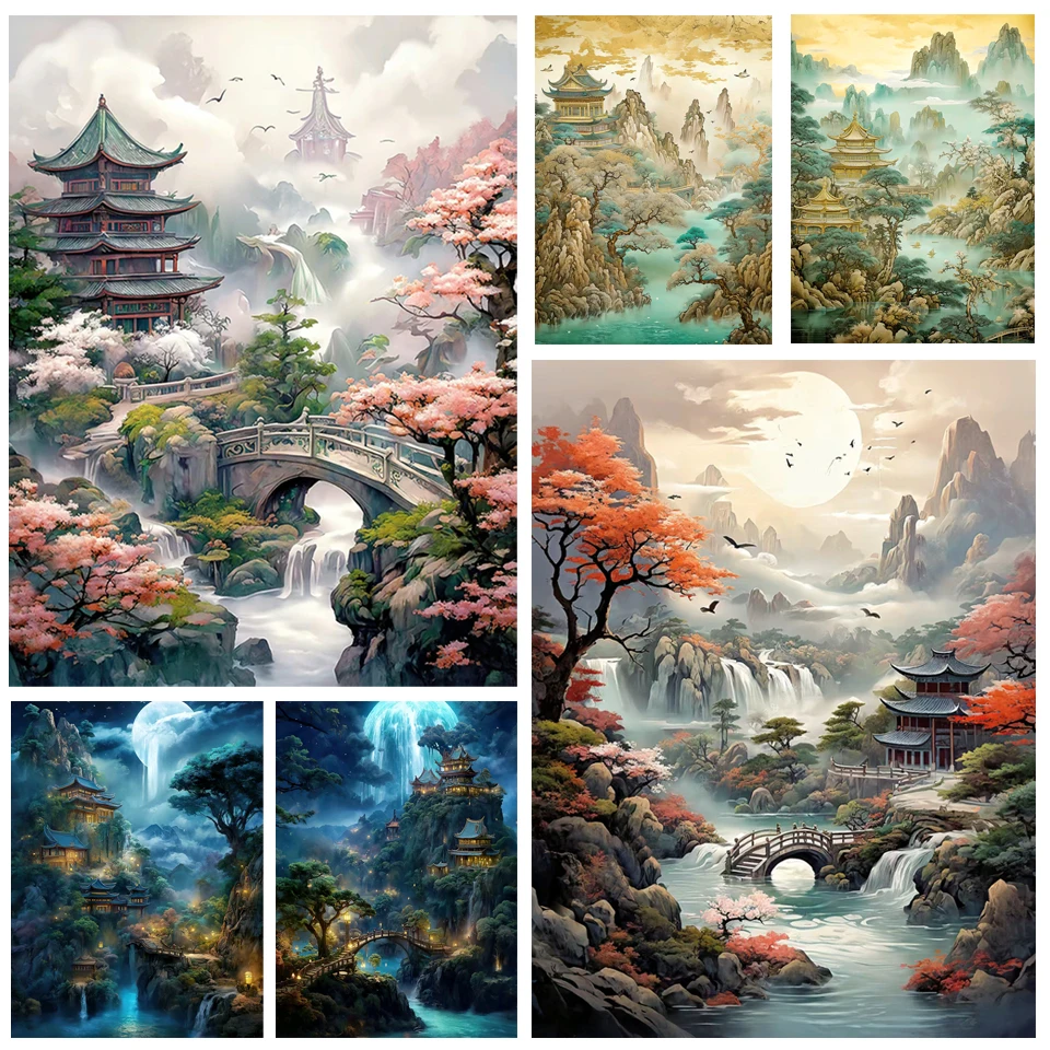 Landscape Diamond Painting New Collection Pavilion Bridge 5D DIY Mosaic  Cross Stitch Kits Chinese Style Embroidery Home Decor