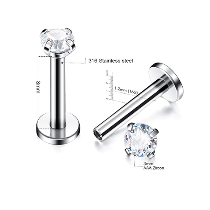 Punk Cubic Zirconia Lip Ring Stud 4 Prong 16G Titanium Steel Labret Piercing Bar Tragus Helix Piercing Body Jewelry