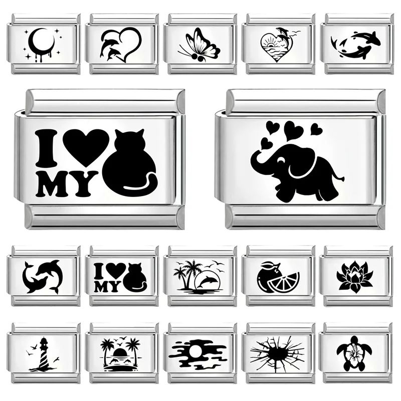 New Creative Laser Engraving I Love My Cat Elephant Oranges Italian Charm Links Fit 9MM Stainless Steel Bracelet DIY Making Gift