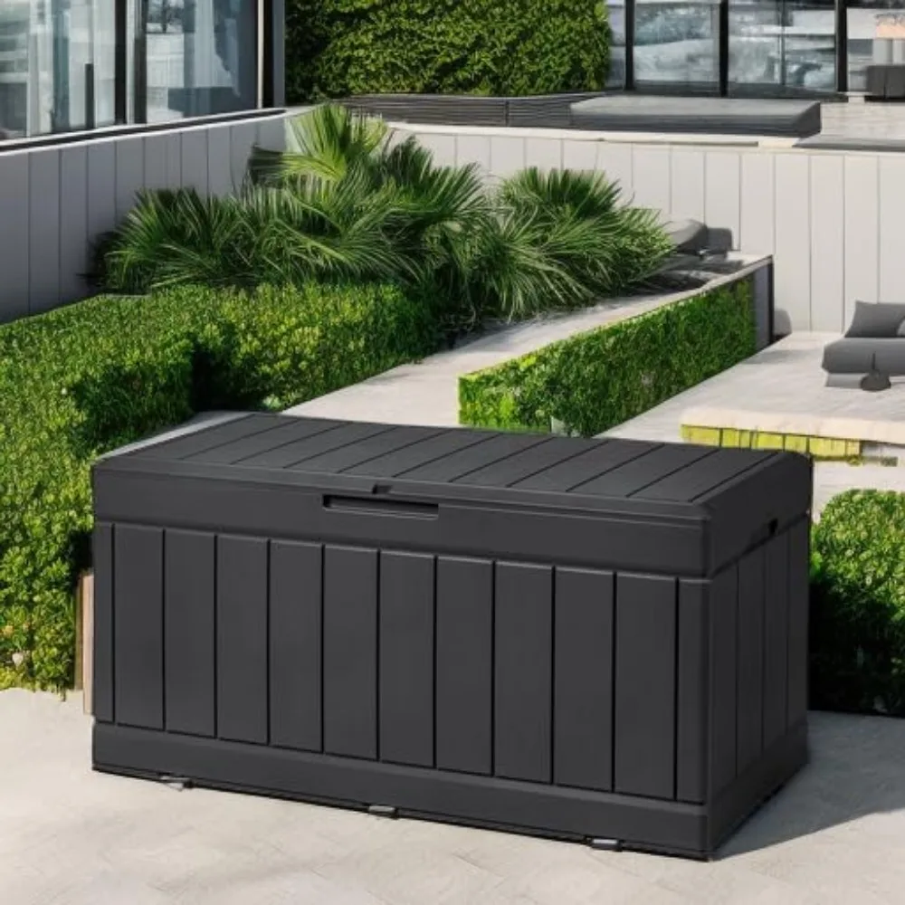 85 Gallon Deck Box Lockable Resin Outdoor Storage Box waterproof Outdoor Container for Patio Furniture Cushions, Pillow (Black)