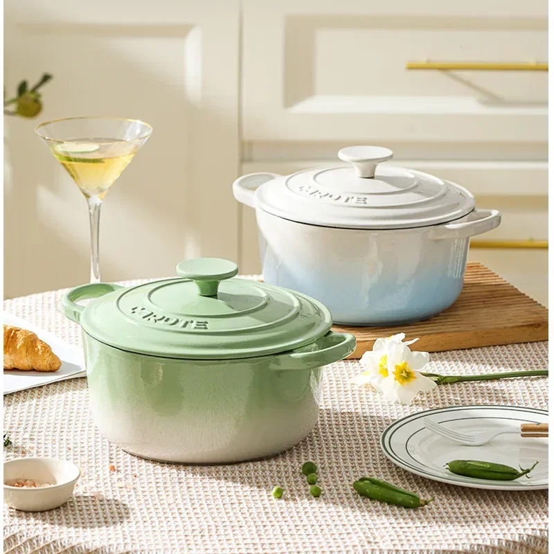 

High-looking Stew Pot Cast Iron Enamel Cooking Pots Gathering Heat Preservation Kitchen Casseroles Double-ear Handles Soup Pot.