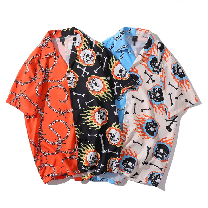 Fahion Men Patch Stich Vintage Short Sleeve Hawaii Shirt Mens Casual Skull Striped Printed Beach Shirts Camisa Hawaiana Hombre