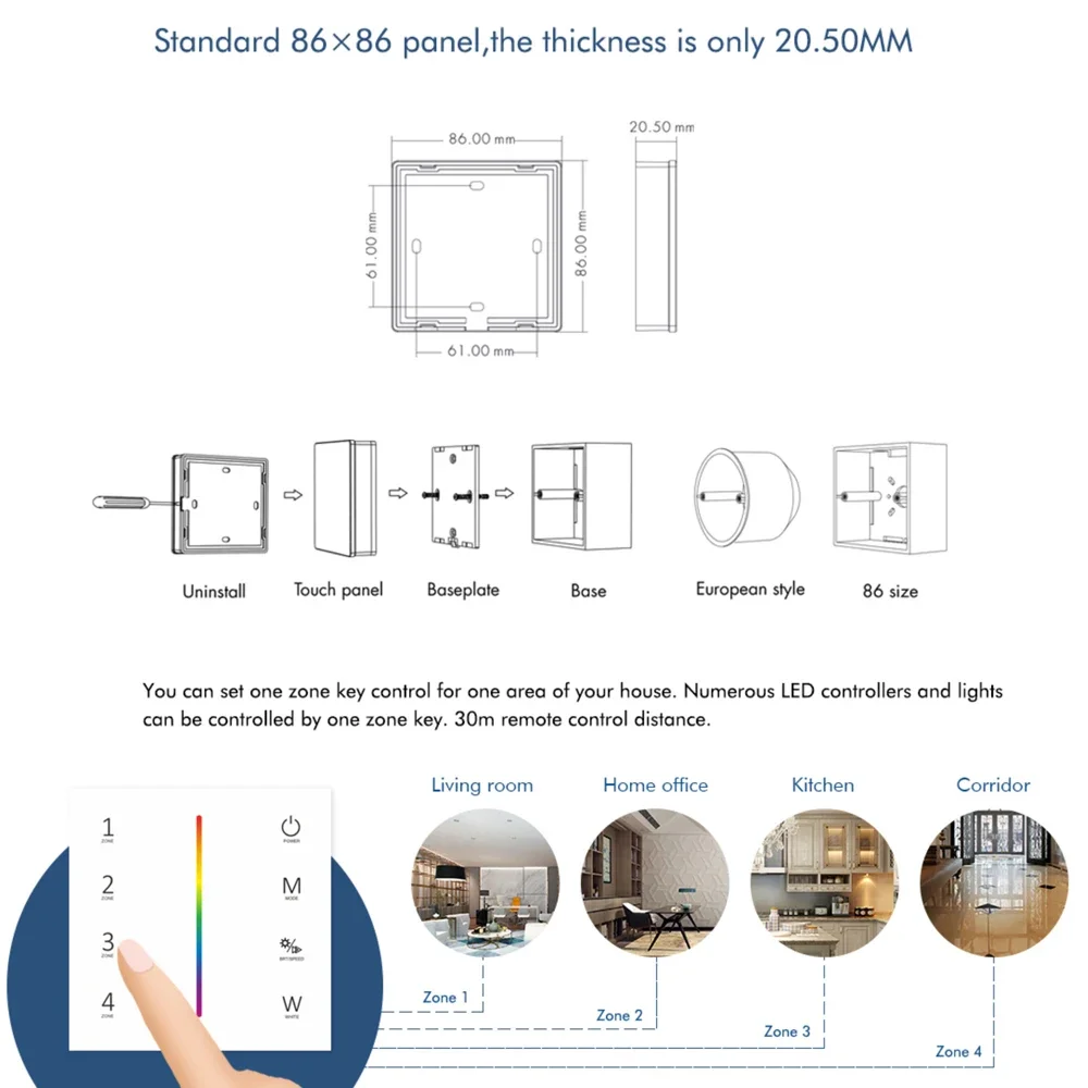 Battery Powered DC12V-24V CCT/RGB/RGBW/Dim Wall Mounted Touch Panel Remote Controller RF Dimmer Switch for LED RGB Strips lamp