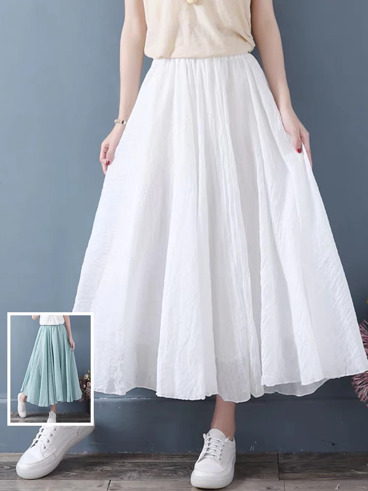 

Ele Pure Color Cotton Linen Double Layer Anti-Light High Waist Elastic Loose Long A-Line Skirt for plus Size Women
