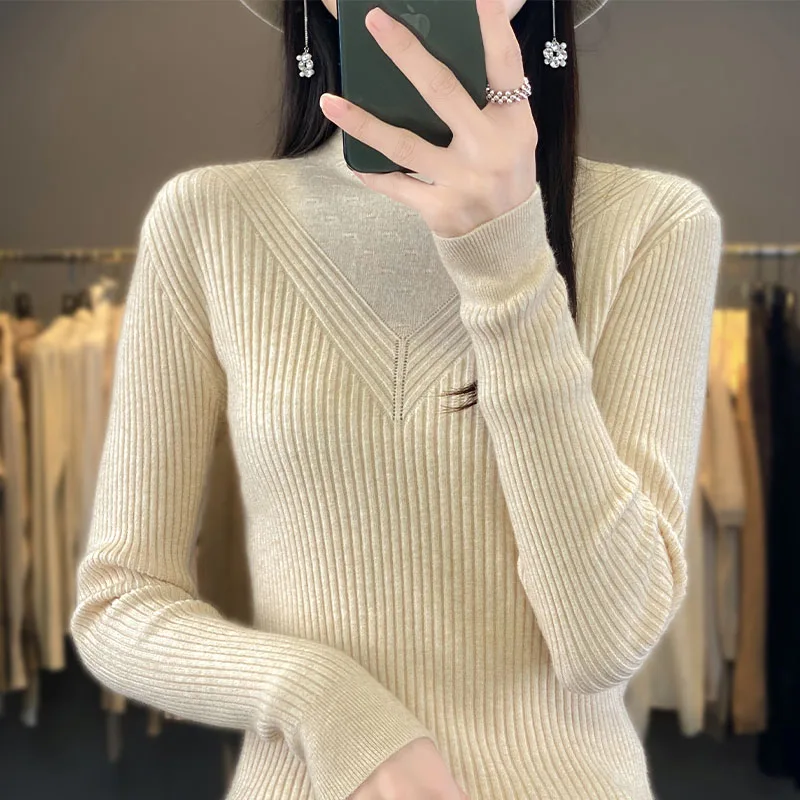 Women's boutique high-end knitted cashmere sweater Half high collar pullover sweater Long sleeved new cashmere sweater