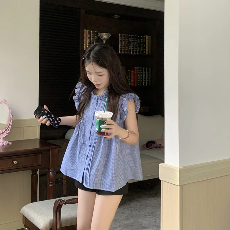 French Design Sweet Small Flying Sleeve Shirt Women's Summer Retro Ruffle Sleeveless Top