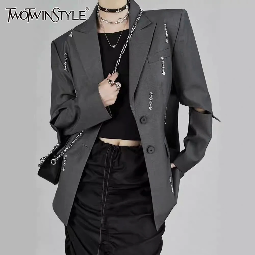 

TWOTWINSTYLE Solid Hollow Out Chic Blazer For Women Notched Collar Long Sleeve Patchwork Chain Designer Blazers Female Fashion