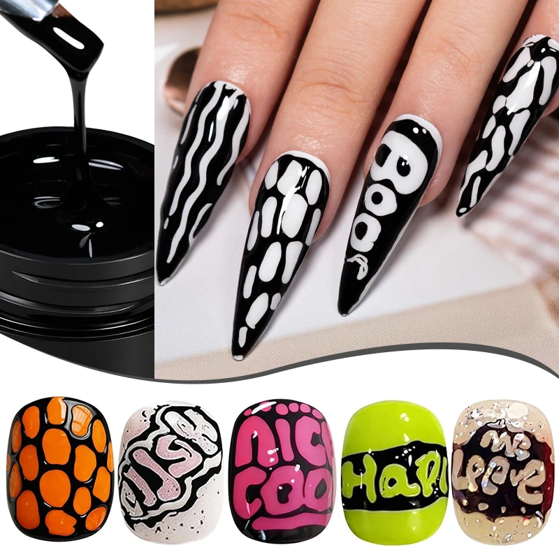 5ML Poke Art Gel Nail Polish Lace Hole Black White Poke Bubble Ocean Wave Pattern Soak Off UV Painting Gel Poke Base Gel Needed 2
