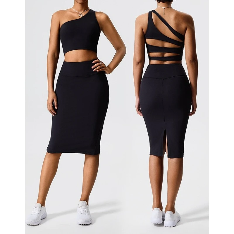 Greenora 2PCS Set One Shoulder Asymmetric Cut Out Crop Top Midi Skirt Set Sexy Backless Outfits Backless Sexy Casual Dress Bra