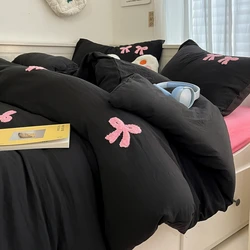 INS Bowknot Washed Cotton Bedding Set with Pillowcase bed sheet Single Full Bed Linen Orange Duvet Cover Queen/King Double Bed