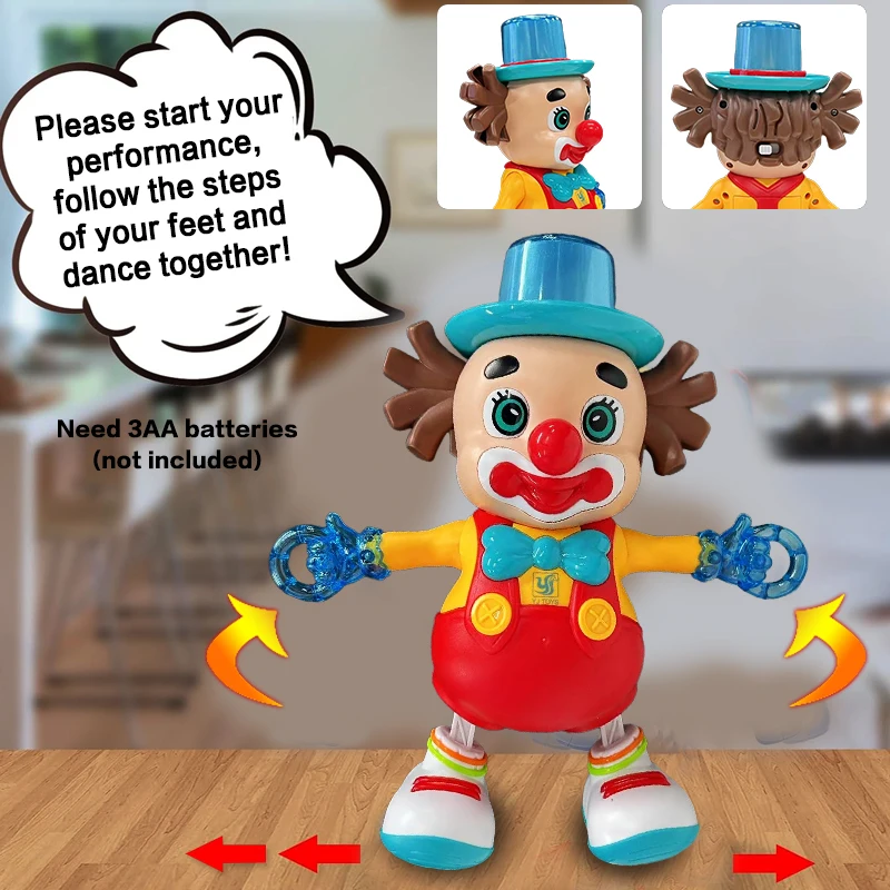 Elektryczny klaun-muzyczny z kolorowymi światłami i muzyką, idealny prezent świąteczny dla dzieci.