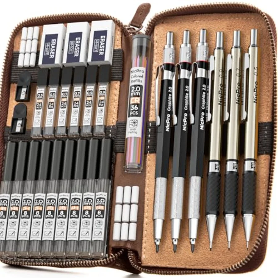 

30PCS Art Mechanical Pencil Set in Leather Case, Metal Drafting Pencil 0.5 mm, 0.7 mm, 0.9 mm and 3 PCS 2mm Lead Holders for Sk