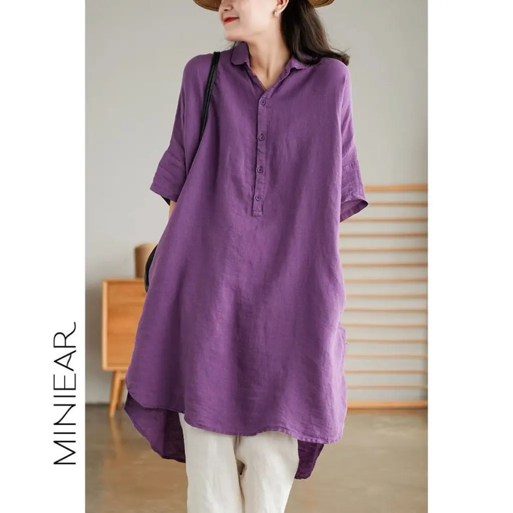 Falda midi de lino de color sólido artístico vintage para mujer Camisa holgada de media manga con cuello abierto Moda de verano