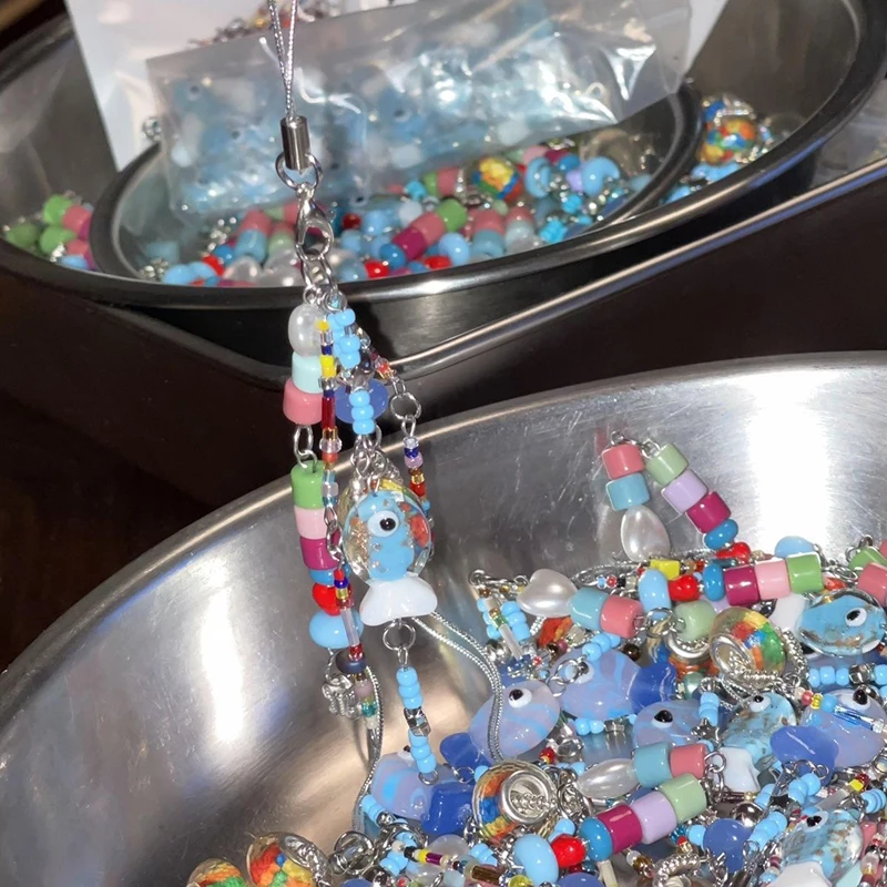 

Boho Fish Heart Bead Keychain Phone Charm Strap For Girls Vintage CCD Camera Chain Bag Lanyard
